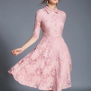 Pink Hollow Out Lace Swing Midi Dress
